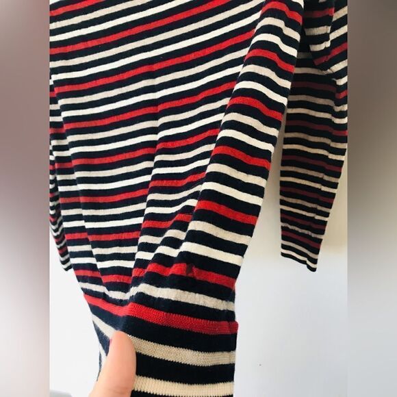 Theory | red, cream, and blue striped boat neck merino wool sweater | small - Picture 4 of 6